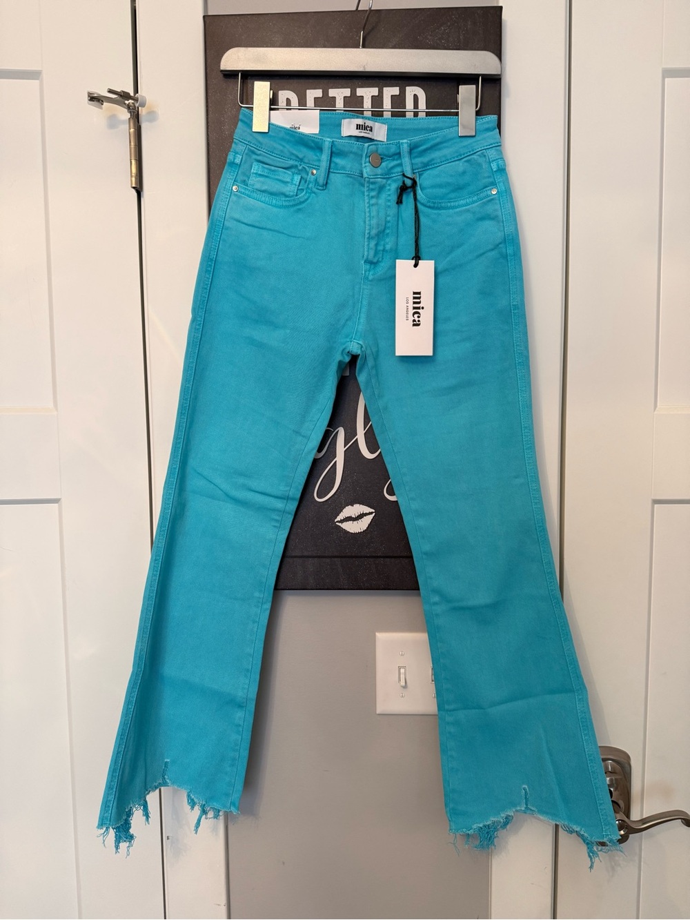 NWT Mica Women’s Turquoise Flare Jeans with Raw Hem